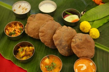 Navratri Upwas Thali  Fasting food platter on banana leaf background