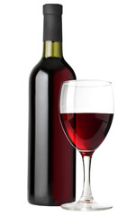 Elegant red wine bottle and glass on transparent background