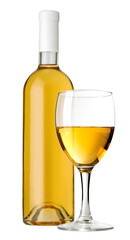 White wine bottle and glass on transparent background