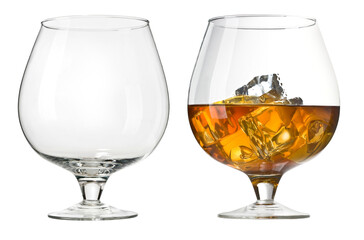Empty and full cognac glass with ice on transparent background