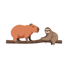 Capybara and sloth sitting on a tree branch.