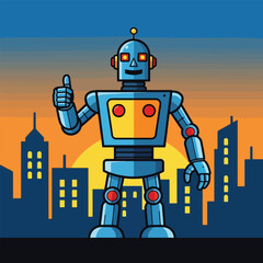 Naklejka premium A friendly blue robot giving a thumbs-up in front of a city skyline at sunset.