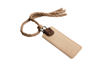 A stylish blank leather tag with a rope for labeling luggage or personal items, isolated on a white background.