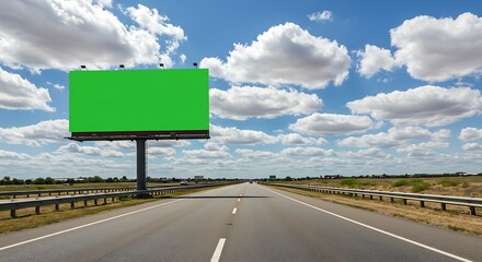 Blank green billboard on the side of a highway under a cloudy blue sky