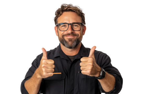 A cheerful man gives a thumbs up, displaying enthusiasm and positivity against a white background.
