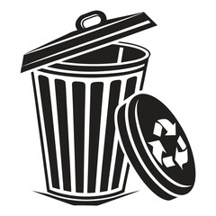 Trash can with recycling symbol, black and white illustration.