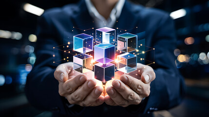 Businessman presenting innovative data technology concept in hands with glowing cubes illustration
