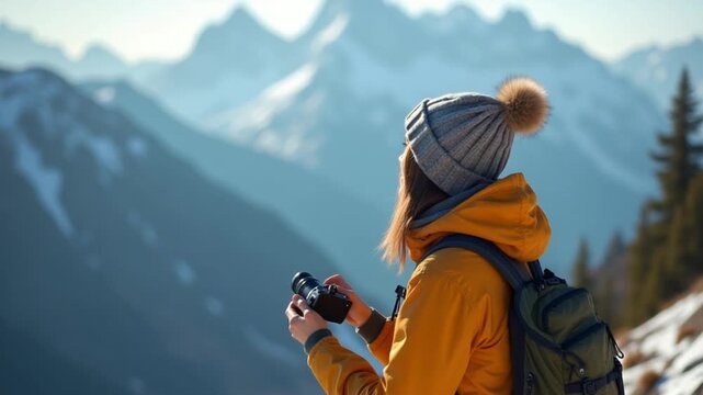 Young traveler embraces high altitude wilderness next to chroma key, using a device where the crisp air and scenic mountain view provide an inspiring setting for adventure. Camera B.