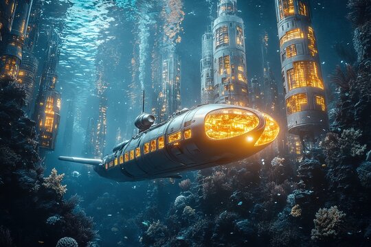 submarine flying through underwater city with skyscraper-like coral