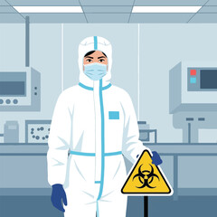 Fototapeta premium A scientist in a full hazmat suit and mask holds a biohazard warning sign in a laboratory setting.