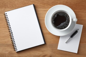 Blank notebook, coffee, pen, workspace