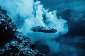 submarine hovering near underwater geothermal vents releasing steam