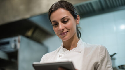 Chef using tablet in modern kitchen, smiling and focused, wearing white uniform, technology and culinary innovation concept