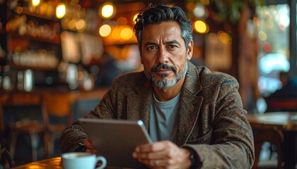 Young professional in blazer and jeans working on tablet at outdoor café with coffee cup, relaxed business lifestyle.