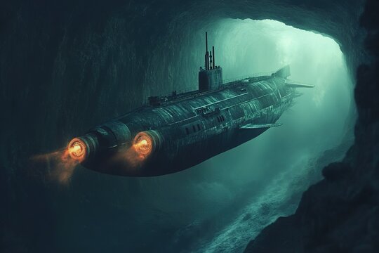 submarine launching escape pods as it dives into dark trench