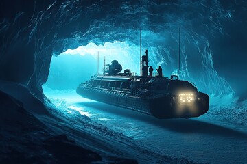 submarine launching robotic explorers near underwater ice cave