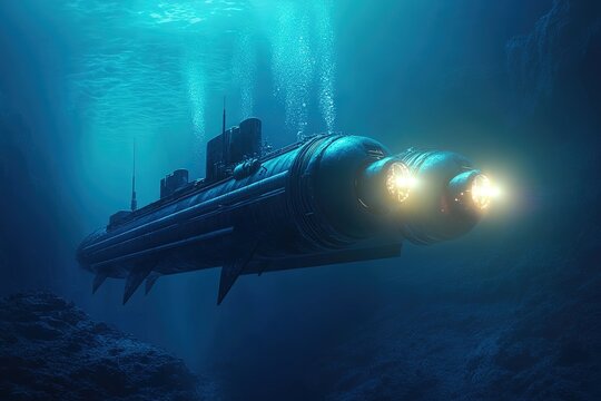 submarine launching underwater exploration pods near deep trench