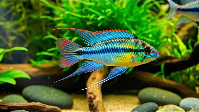 A colorful fish with blue and red fins swims in a tank