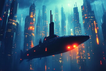 submarine silhouetted against glowing underwater city skyline