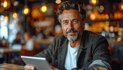 Confident businessman in smart casual outfit using tablet at coworking space with warm ambient lighting, modern work culture.