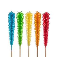 Five vibrant rock candy sticks in blue, green, yellow, orange, and red, arranged neatly. Perfect for sweet treats, dessert, or party themes.