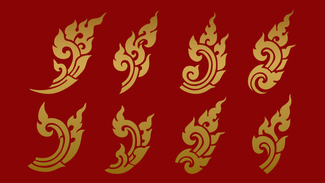 Set of Golden Thai Kanok Art Elements, Luxury Traditional Flame Flourish and Swirl Ornaments Vector