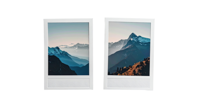 Two framed, split-screen images of mountains.  A softly lit,  pastel-toned mountain range, with hazy atmosphere, contrasted with a warmer, autumnal mountain scene.  Both are in a polaroid-style frame
