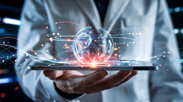 Global network connection concept with person holding digital tablet showcasing innovation
