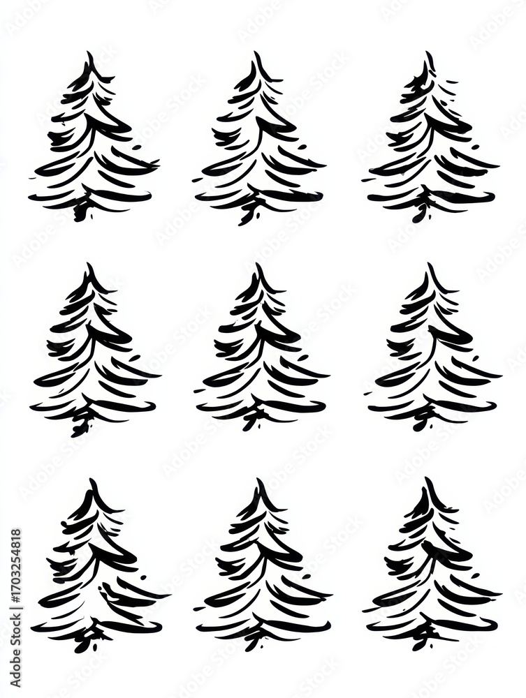 Aufkleber nine sketched christmas trees arranged on a white background to create a seasonal pattern for the wi