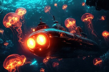 submarine surrounded by glowing jellyfish in dark ocean depths