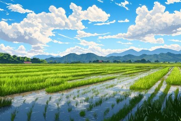 Fototapeta premium Lush green rice field landscape rural area digital art vibrant environment aerial view agricultural beauty