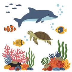 A vibrant flat 2D vector illustration of a coral reef teeming with colorful fish, a friendly octopus, and a sea turtle swimming among diverse coral and seaweed on a clean white background.