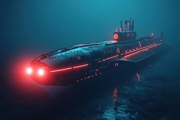 submarine with armored hull and glowing red lights patrolling ocean floor