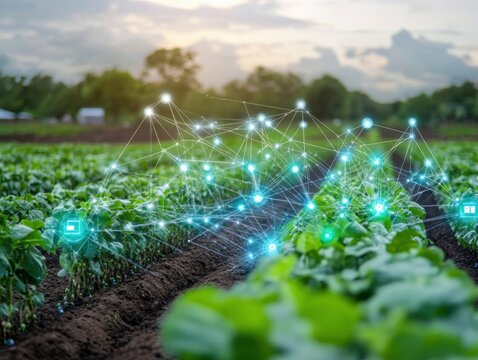 Innovative agricultural practices modern farm digital connectivity rural landscape aerial view sustainable technology impact