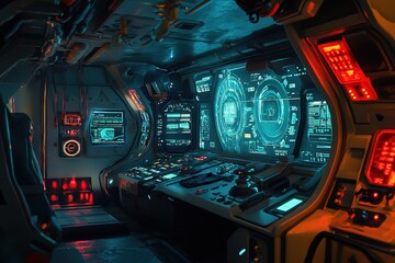 submarine with futuristic control room glowing with holographic interfaces
