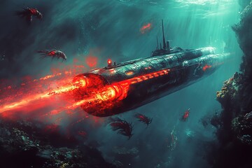 submarine with glowing red thrusters chasing underwater creatures
