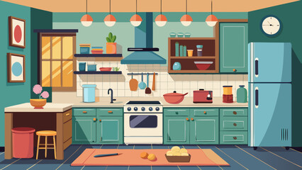 Vector art of cozy kitchen interior with furniture, appliances, and decor, creating a warm and inviting atmosphere for cooking and gathering with loved ones