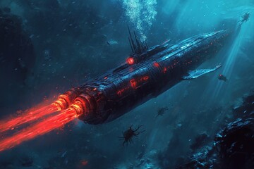 submarine with glowing red thrusters chasing underwater creatures