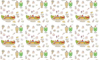 Sweet Desserts Food Variants Seamless Pattern Green and Pink Nature Flowers Soft gradient pastel