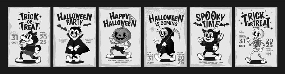 Retro Halloween poster. Holiday party invitation. Vintage card with vampire, skeleton, pumpkin, werewolf for costume event. Spooky posters template. Vector set