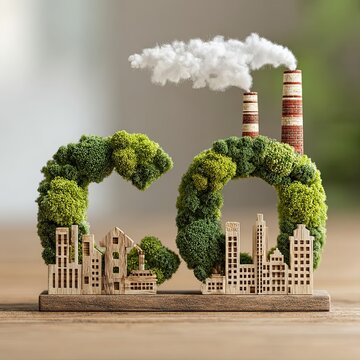 CO2 emission reduction concept with eco symbols, global warming, green business background.