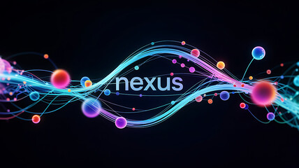 Dynamic nexus design with vibrant flowing lines, connecting spheres, and a futuristic feel for tech