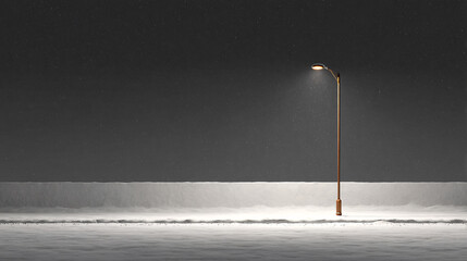 empty snow-covered street at night with subtle glow from a single lamp post, dark sky above, minimalist cold city night scene with blank space