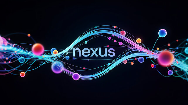 Dynamic nexus design with vibrant flowing lines, connecting spheres, and a futuristic feel for tech