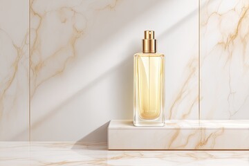 Golden perfume bottle on marble shelf