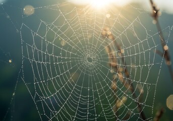 Obraz premium Spider on web with dewdrops shining in morning sunlight, artistic concept illustration for natural predator themes. 