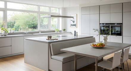 A modern minimalist kitchen with a large island, integrated seating, and a dining area, featuring sleek cabinetry and ample natural light.