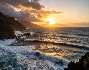 Dramatic sunset over a rugged coastline