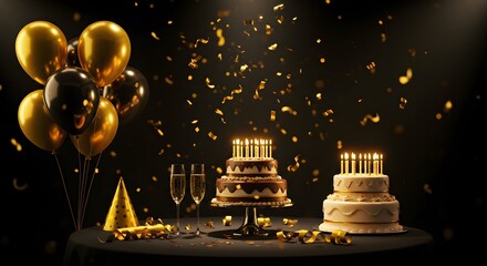 Festive event background features a black table, cakes, and balloons illuminated with soft shadows. Ideal for celebratory event posters, birthday party designs.