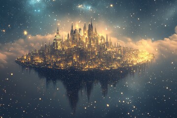 surreal dreams of a city floating above a glowing ocean of stars